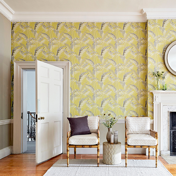 Yellow leaf pattern wallpaper at Chester home